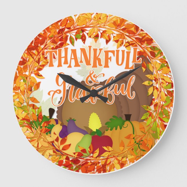 Relógio Grande Cornucopia de Ação de Graças - Obrigado e Grata (Frente)
