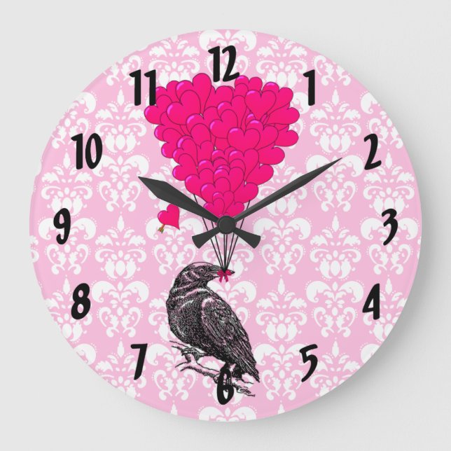 Relógio Grande Cortar e coração no damask rosa (Frente)
