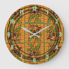 Relógio Grande Corte Floral de Xadrez Laranja