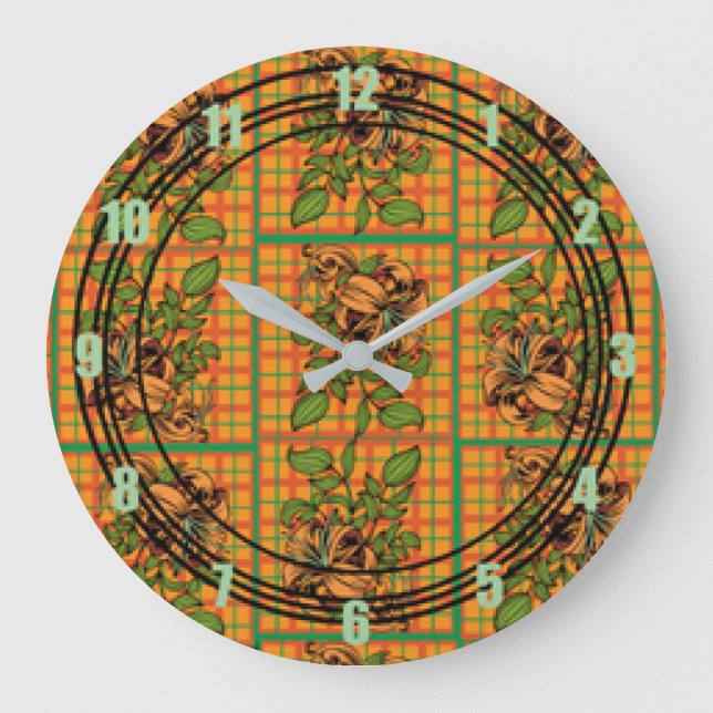 Relógio Grande Corte Floral de Xadrez Laranja (Frente)