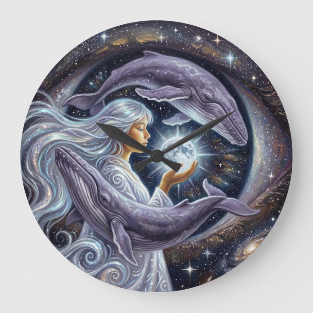 Relógio Grande Cosmic Whale and the Girl | Surreal Wall Clock (Frente)