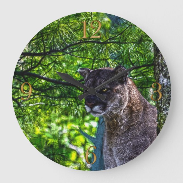 Relógio Grande Cougar Mountain Lion Big Cat Art Design 6 (Frente)
