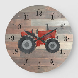 Relógio Grande Country Farmhouse Red Tractor Faux Wood Wall Clock