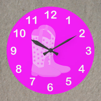 Relógio Grande Cowboy Boots Stars Números Brancos Rosa