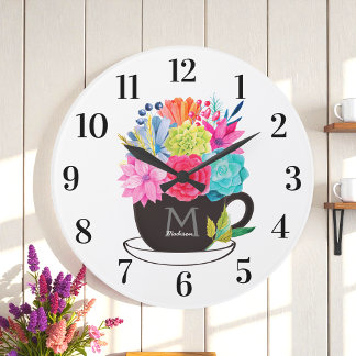 Relógio Grande Cozinha Branca Vermelha-Rosa-Floral Café