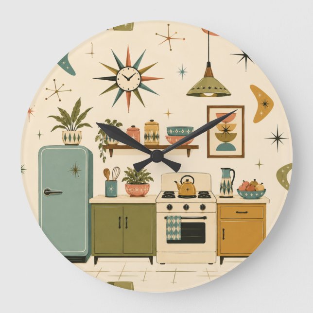 Relógio Grande Cozinha Retro Atômica Moderna de Meados do Século  (Frente)