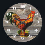 Relógio Grande Cozinha Rustic Country Rooster<br><div class="desc">Vintage Rooster no relógio da Cozinha dos Conselhos de Madeira Antigos.</div>