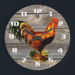 Relógio Grande Cozinha Rustic Country Rooster<br><div class="desc">Vintage Rooster no relógio da Cozinha dos Conselhos de Madeira Antigos.</div>