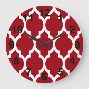 Relógio Grande Cranberry Red White Quatrefoil Marroquino Padrão 