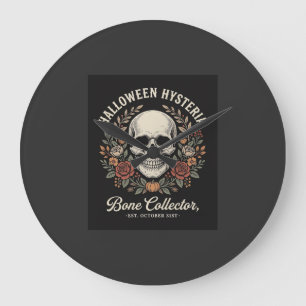 Relógio Grande Crânio de Halloween Floral Osso Coletor Design_1