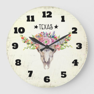 Relógio Grande Crânio De Vaca Do Texas Boho Com Flores Trendência
