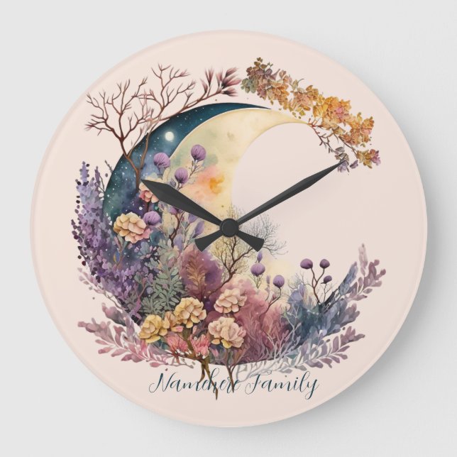 Relógio Grande Create Your Own Mystical Floral Crescent Moon (Frente)