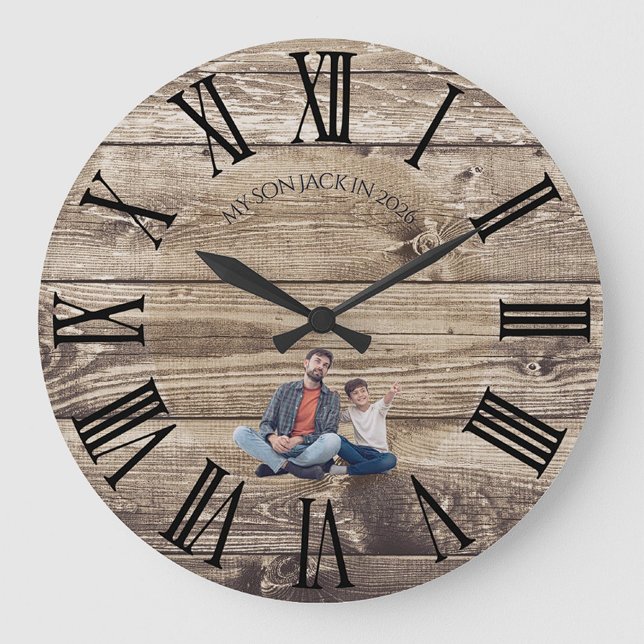 Relógio Grande Create Your Own Photo Rustic Wood Clock (Criador carregado)