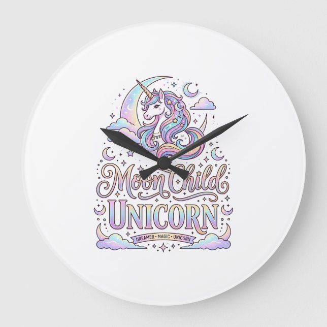 Relógio Grande Criança da Lua Unicórnio Unicórnio Design Original (Frente)