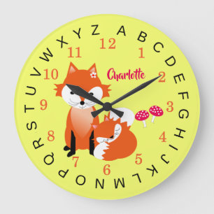 Relógio Grande Crianças: Alphabet Cute Fox Personalizada