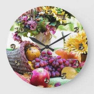 Relógio Grande Cronucopia de Ação de Graças com Frutas e Flores