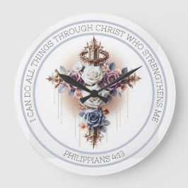 Relógio Grande Cruz com Coroa de Cornos, Rosas e Verso Bíblia