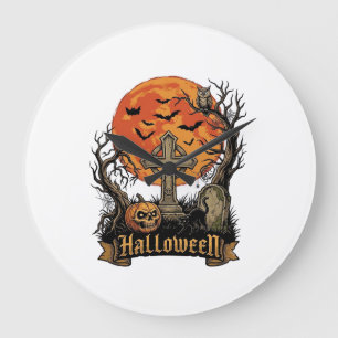 Relógio Grande Cruz de Halloween Tumba Caveira Abóbora Gato Preto