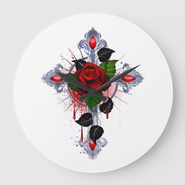 Relógio Grande Cruz de Prata com Rosa vermelha (Frente)