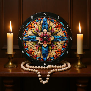 Relógio Grande Cruz Floral de Vidro Mancha Vibrante