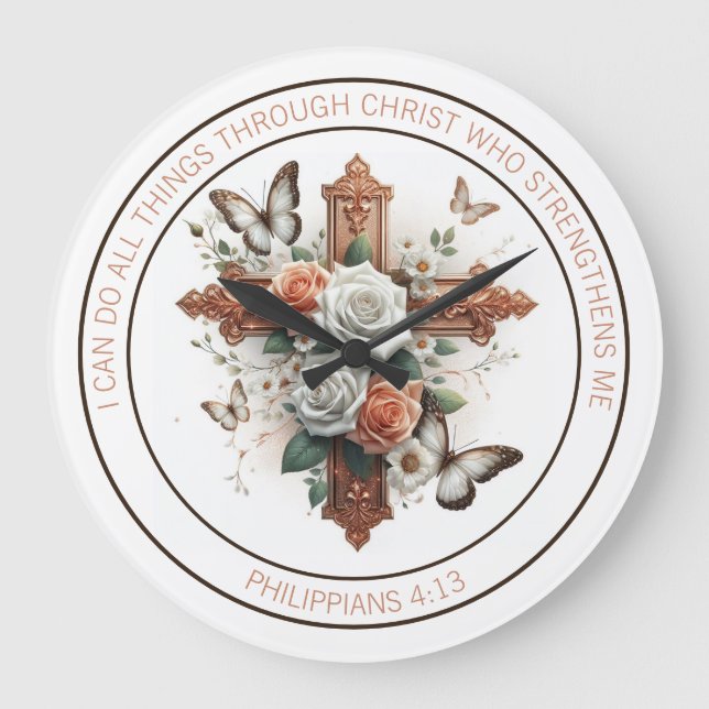 Relógio Grande Cruz, Rosas, Borboletas e Bíblia Verso (Frente)