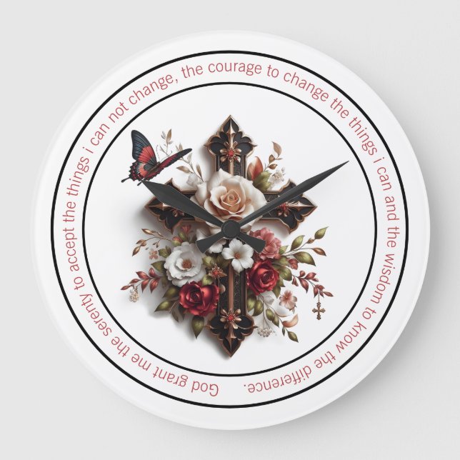 Relógio Grande Cruzados, Rosas, Borboleta e Oração de Serenidade (Frente)