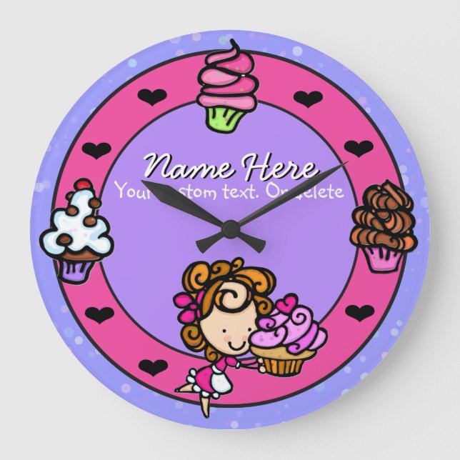 Relógio Grande Cupcake.Baker.Baking.Pink.Personalized. (Frente)
