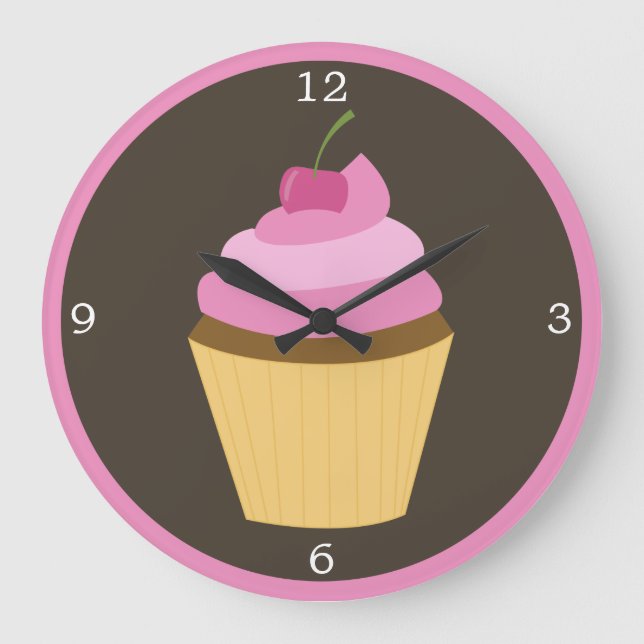 Relógio Grande Cupcake de Cereja Rosa (Frente)