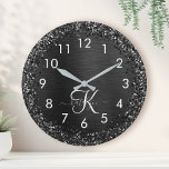 Relógio Grande Custom Black Glitter Sparkle Monogram<br><div class="desc">Easily personalize this trendy elegant clock design featuring pretty black sparkling glitter on a black brushed metallic background.</div>