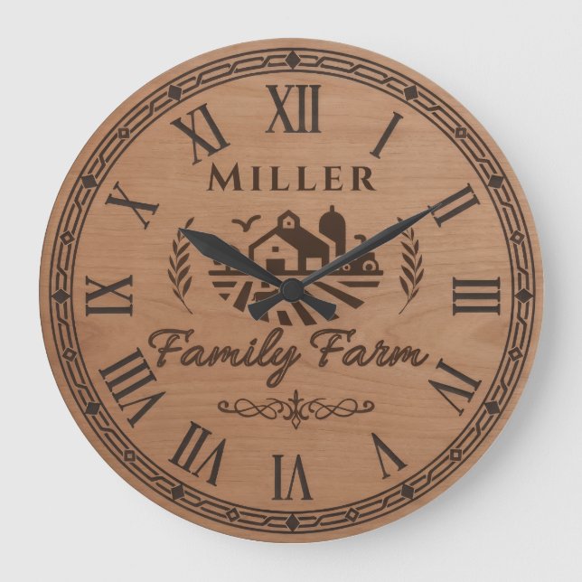 Relógio Grande Custom Family Name Wall Clock – Farmhouse Scene  (Frente)