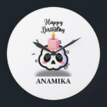 Relógio Grande Custom Name Birthday<br><div class="desc">Celebrate with a twist! This unique birthday design blends the edgy pastel goth aesthetic with a touch of sweetness. Featuring a cute, rosy-cheeked skull topped with a melting pink birthday candle, it’s the perfect statement piece for those who love alternative styles. The bold "Happy Birthday" script and minimalist confetti accents...</div>