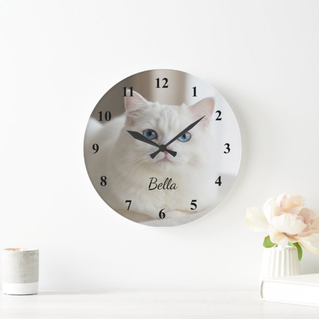Relógio Grande Custom photo wall clock with beautiful white cat (Lar)