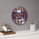 Relógio Grande Custom Purple Scrapbook Birthday Photo Collage<br><div class="desc">Celebrate a milestone birthday with this custom purple scrapbook-style Sweet 16 photo collage wall clock, designed especially for a teen girl’s room. Featuring a playful torn-paper scrapbook aesthetic, layered textures, decorative stars, and colorful cut-out lettering, this clock turns favorite memories into a stylish piece of wall décor. The design allows...</div>