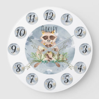 Relógio Grande Customizable Blue Raccoon Nursery Clock Large