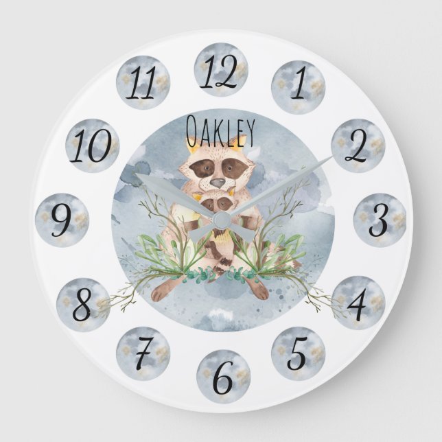 Relógio Grande Customizable Blue Raccoon Nursery Clock Large (Frente)