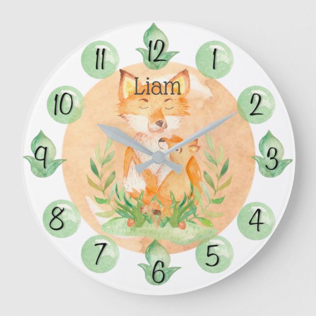 Relógio Grande Customizable Leaf Baby Fox Nursery Clock Large (Frente)