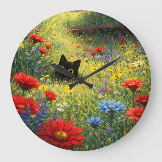 Relógio Grande Cute Black Cat in Wildflower Meadow Wall Clock