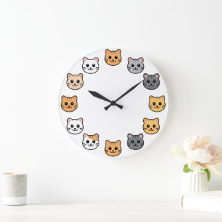 Relógio Grande Cute Cartoon Cat Faces Kawaii Feline Wall Clock