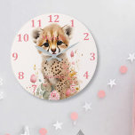 Relógio Grande Cute Cheetah Cub Pastel Watercolor Spring Flowers<br><div class="desc">Cute baby Cheetah cub cub sitting amongst watercolor pastel spring flowers. Change the personalized name or delete</div>