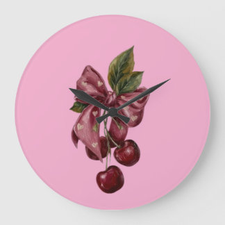 Relógio Grande Cute Coquette Cereja Fita Rosa Estética