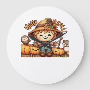 Relógio Grande Cute Fall Espantalho com Abóboras Camiseta Oversiz