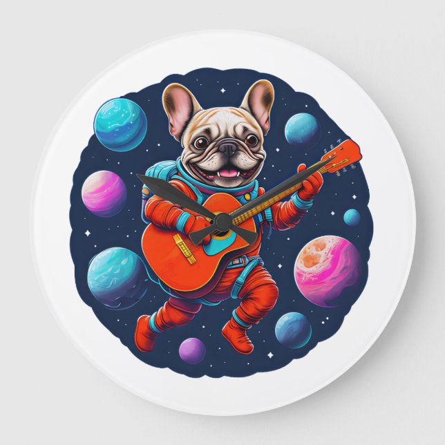 Relógio Grande Cute French Bulldog Astronaut Playing Guitar – Fun (Frente)