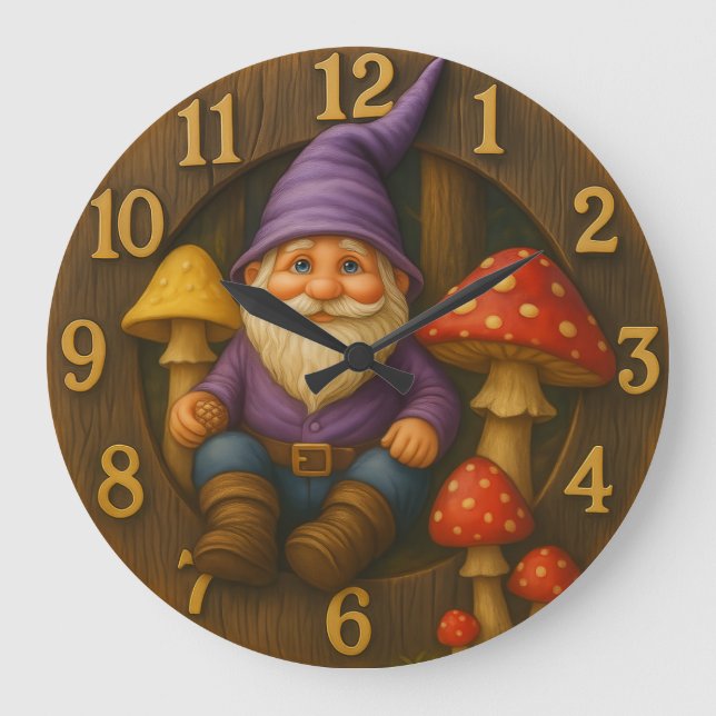 Relógio Grande Cute gnome rustic style mushroom forest clock (Frente)