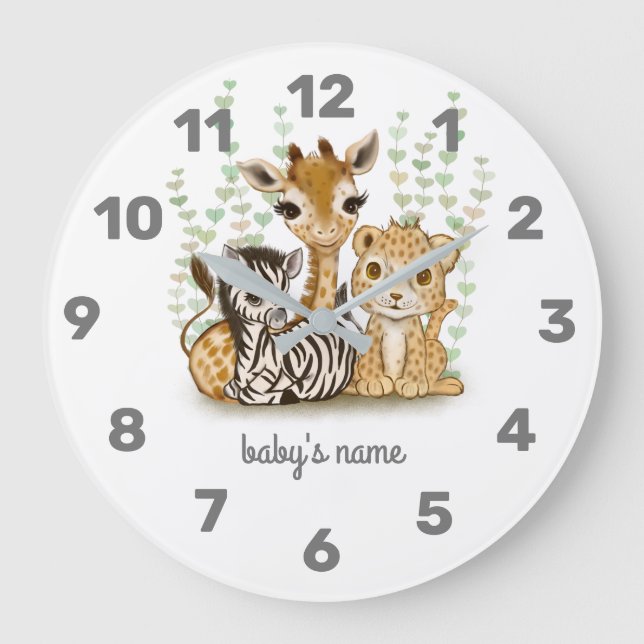 Relógio Grande Cute Safari Animal Nursery Clock (Frente)