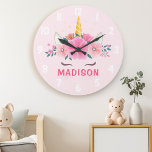 Relógio Grande Cute Unicorn Eyelashes Meninas De Quarto De Quarto<br><div class="desc">O Bonito Unicórnio Eyelashes As Meninas De Quarto De Quarto De Quarto. Este design apresenta um belo unicórnio cercado por estrelas douradas e flores florais. Um relógio de fantasia mágica,  cor-de-rosa,  para raparigas. Personalize este design personalizado com seu próprio nome ou texto.</div>