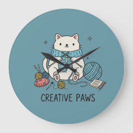 Relógio Grande Cute White Cat Knitting Happy Hobbyist Room Decor 