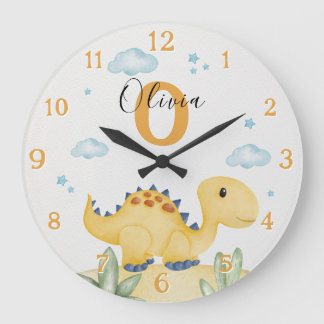 Relógio Grande Cute Yellow Dinosaur Nursery Large Clock Personali