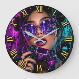 Relógio Grande Cyber Gamer Queen Neon Gaming Woman Portrait