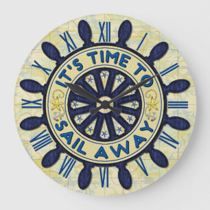 Relógio Grande Da vela náutica azul de madeira da roda do leme d