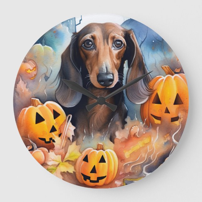 Relógio Grande Dachshund Halloween Com Pumpkins Assustado (Frente)